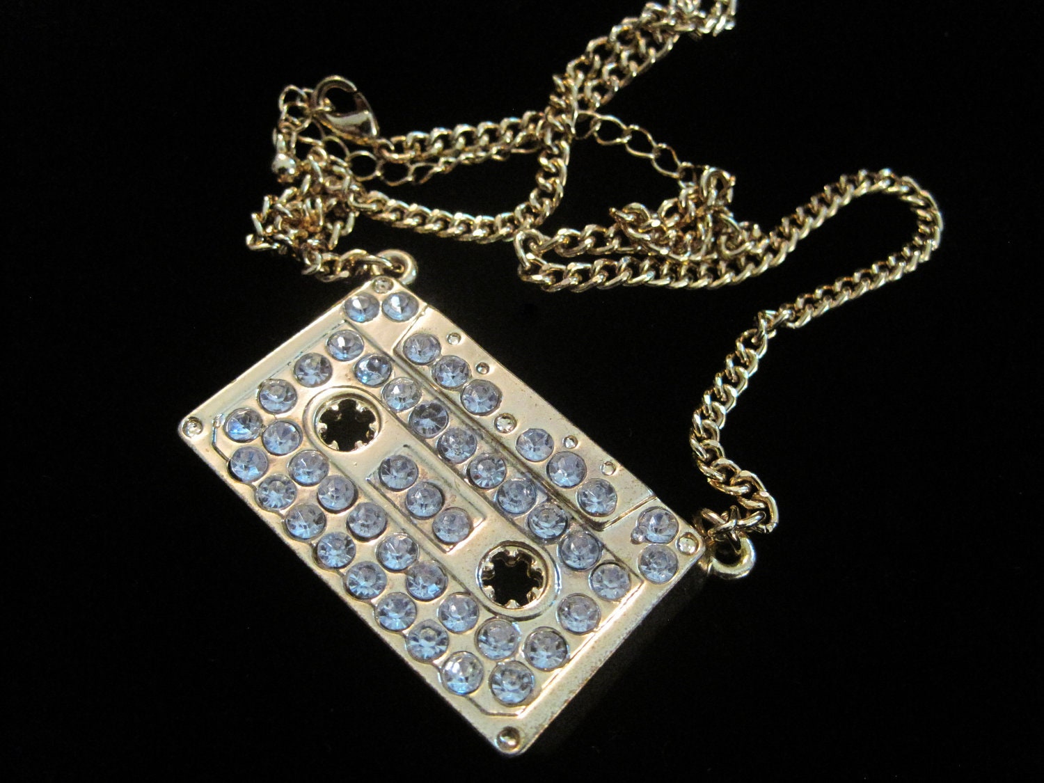 Cassette Tape Necklace Rhinestone Cassette Pendant Vintage Gold Tone Chain Rhinestones Music Retro Tape Nostalgia Charm