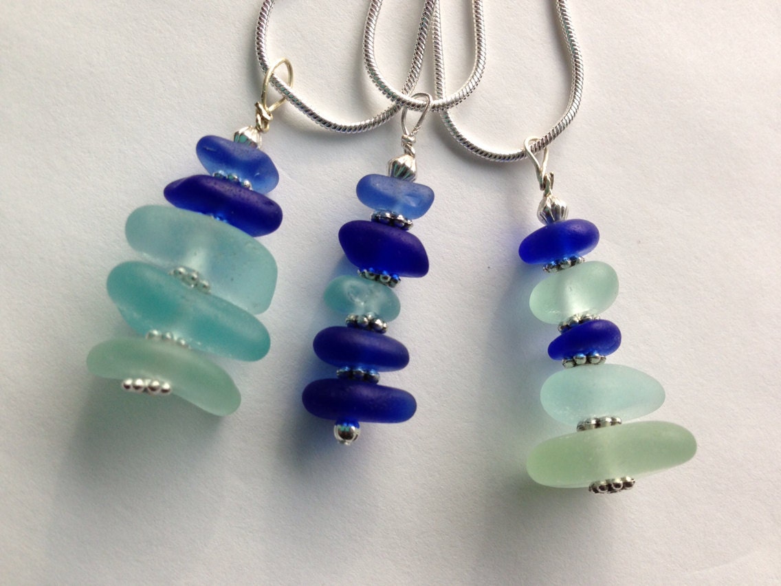 Design your own sea glass stacked pendant necklace, single or mixed color sea glass on sterling silver chain - beach bridesmaid jewelry