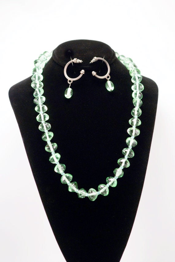 Vintage Seafoam Green Glass Necklace and Earrings