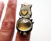 Citrine Ring Owl Animal Sterling Silver Statement Cocktail Recycled Natural Faceted Yellow Gemstone Stone Metalsmith Bezel Big Chunky Band