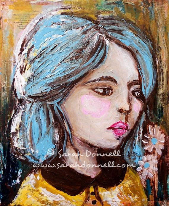 A3 Large Print Artwork 70s Nostalgia Mixed Media Girl Woman Painting Textural Portrait Recycled Materials Painting Australian Art - Bloom
