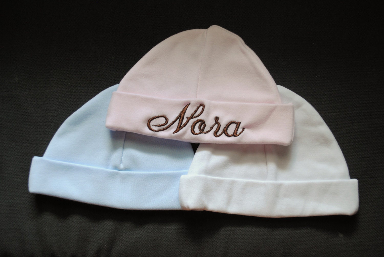 newborn hat personalized with name embroidered 3 colors pink blue white