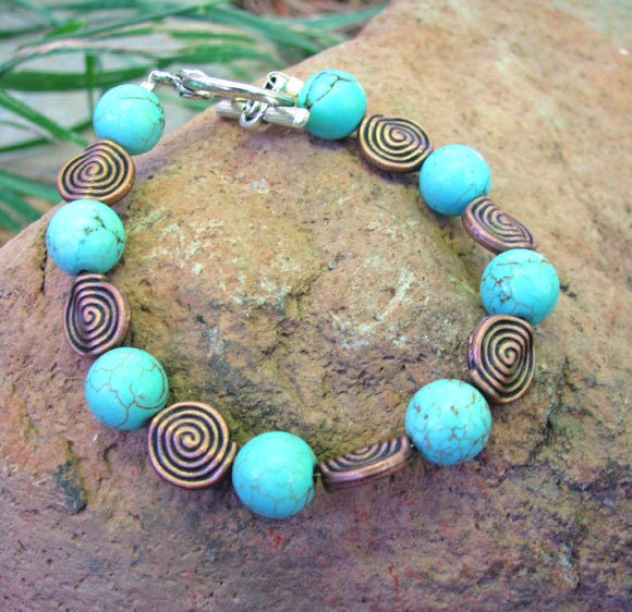 Torquoise Howlite Bracelet with Spiral Copper Beads. CALMING. Made to Order.