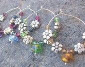 Flower Dangle Wine Charms with Swarovski Crystals. Green, Purple, Gold, Pink/Blue. (set of 4)