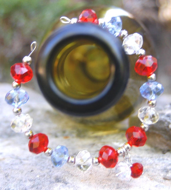 Fancy Patriotic Crystal Wine Bottle Topper Necklace. Red, White, and Blue Crystals.
