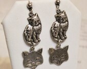10% OFF Vintage Silver Cat Earrings,Cat Jewelry, Post Dangle Earrings