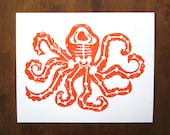 8x10 Linocut Art Print - 'OCTOBONES' (Orange) - Octopus with Bones