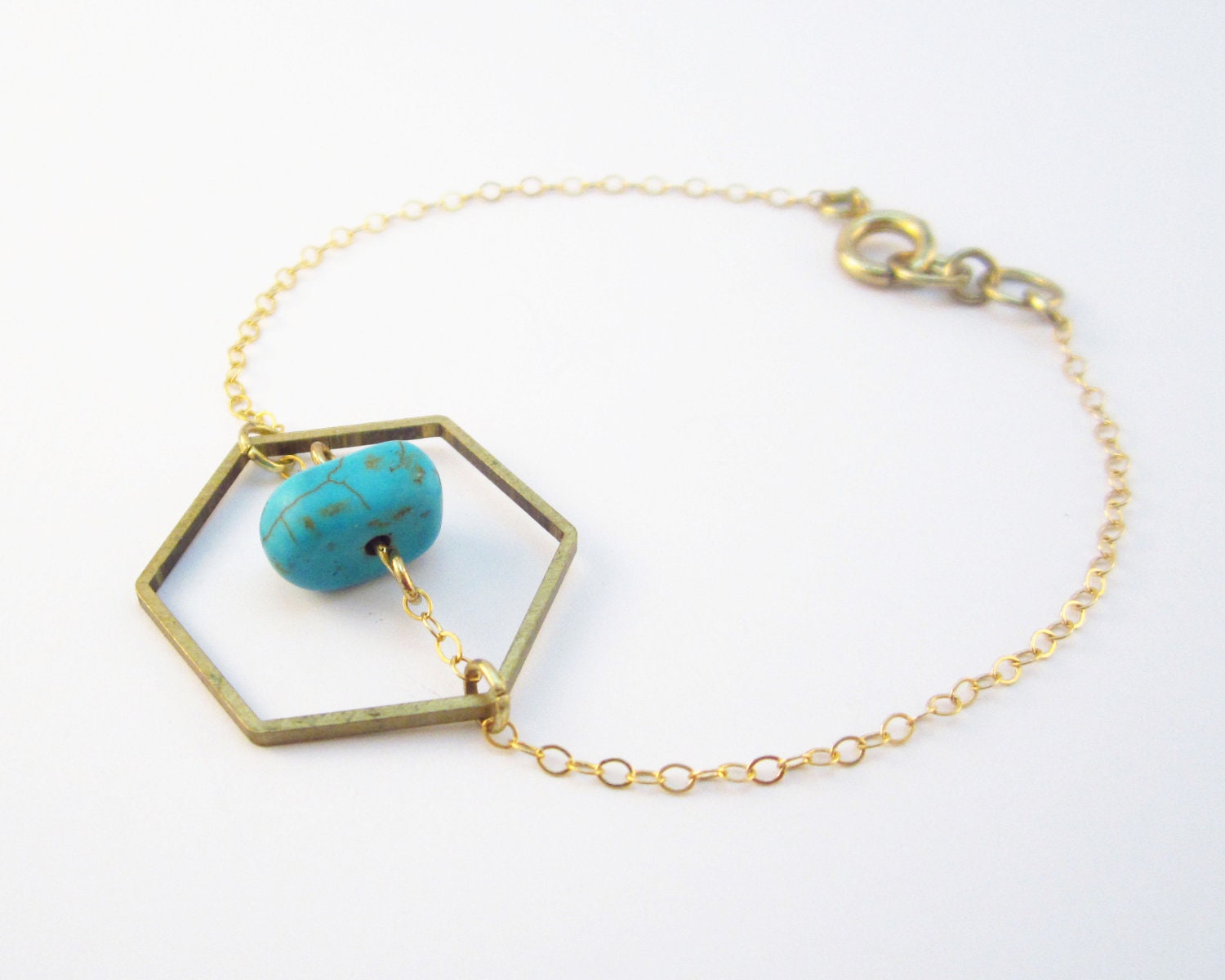 Hexagon and Turquoise Bracelet 14k Gold Filled Chain