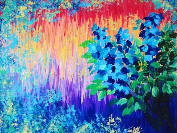 SALE - Original Acrylic Floral Painting 16 x 20 FREE SHIPPING Bold Vibrant Colours Rainbow Ombre Effect Royal Blue Flowers Red Peach Purple