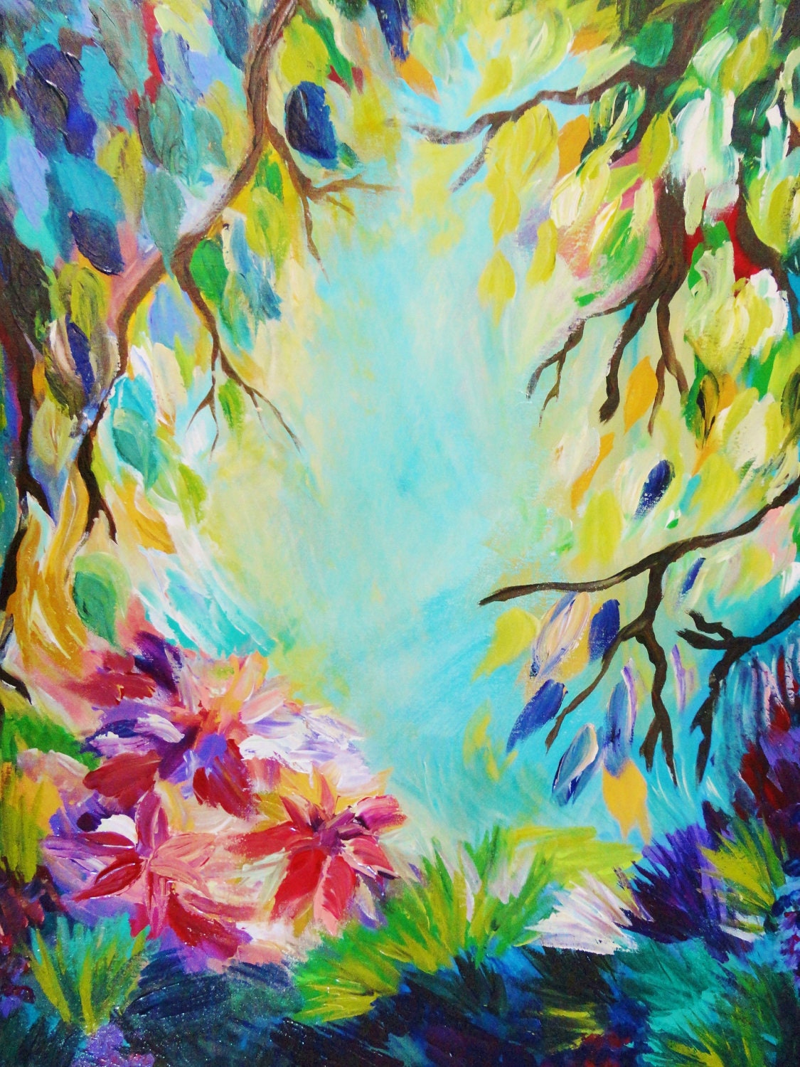 ON SALE -  9 x 12 Bliss Original Acrylic Painting Giclee Art Print, Gift Under 30 Modern Artwork Nature Theme Floral Forest Leaves Bold