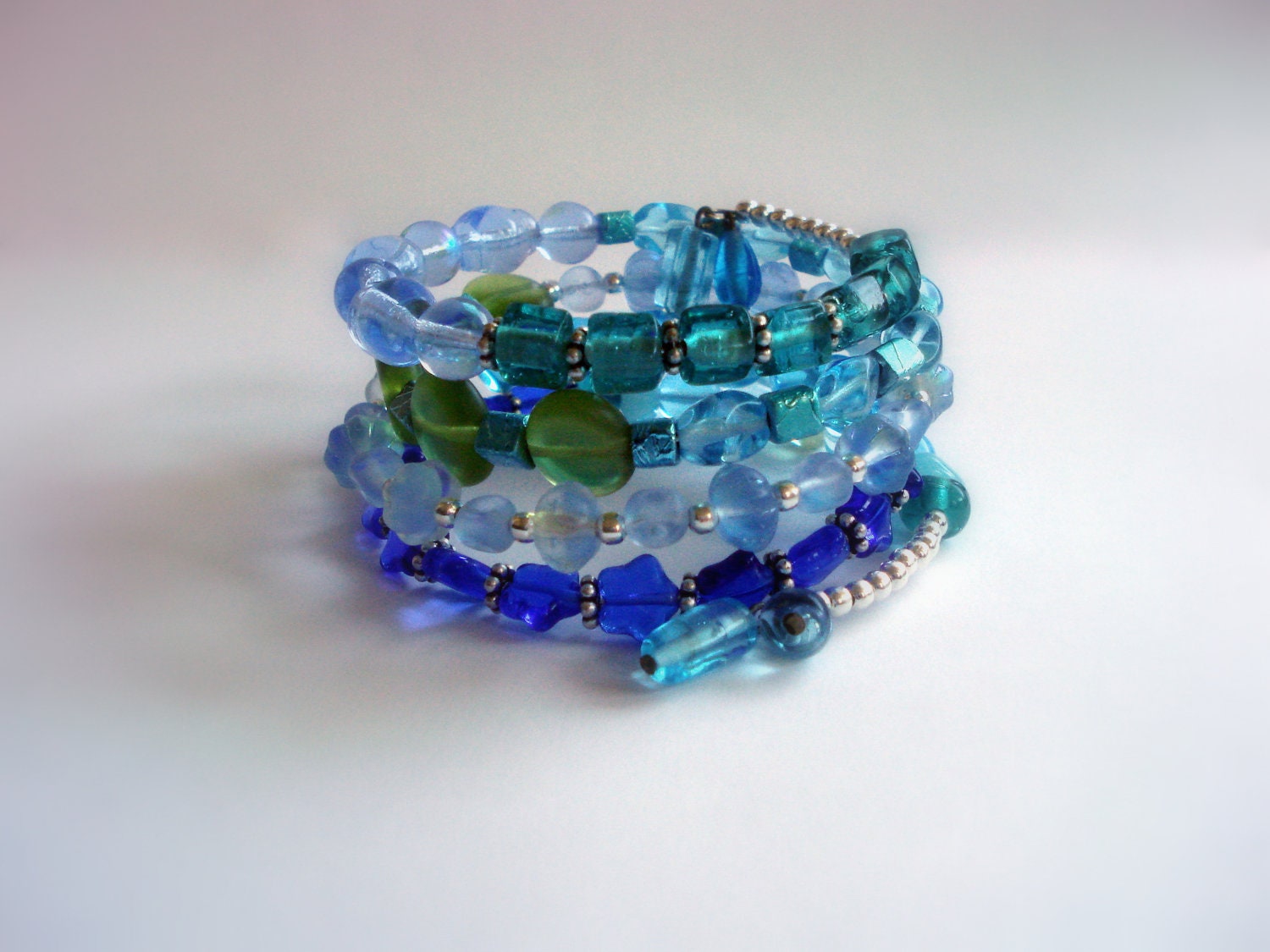 Mermaid's Treasure Sea Glass Inspired Wrap Bracelet - Ocean Blues and Greens