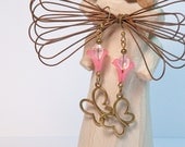 Dangle Earrings with Antique Bronze Butterfly Charms, Pink Acrylic Trumpet Flowers with Oval Clear AB Faceted Crystals