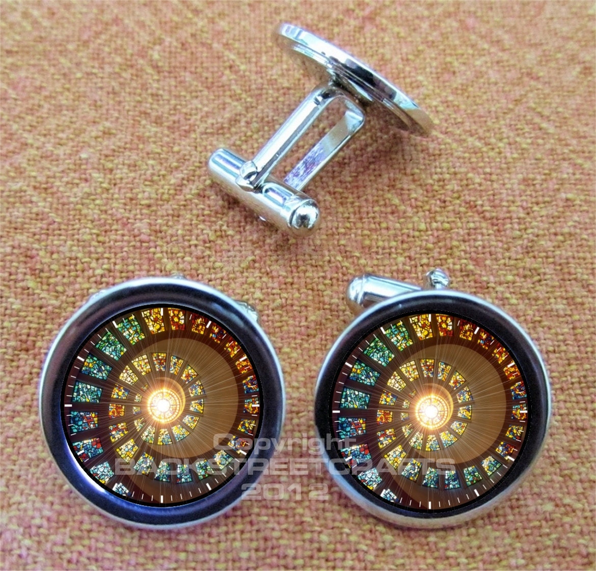STAINED Glass Look SPIRAL NAUTILIS Nickel Plated Cuff Link Pair Free gift Box Weddings  Christmas Quickship Under 20.00