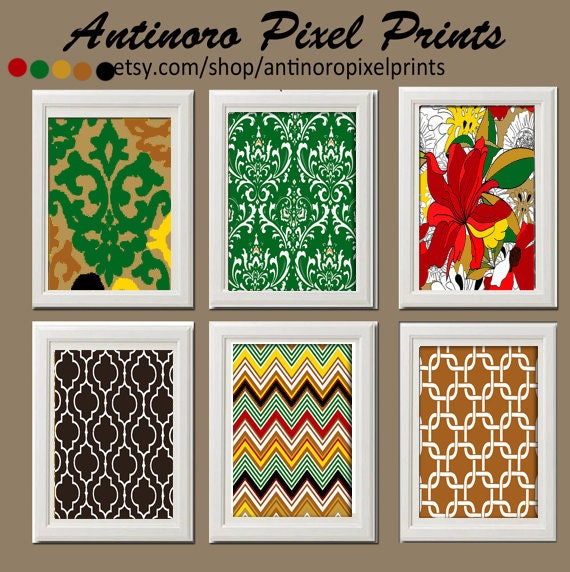 Home Decor Vintage / Modern inspired Art Prints Collection -Set of 6 - 5x7 Prints  - Featured in Red Sage Green / Brown / Tan  (UNFRAMED)