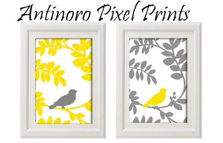Set of Two Spring Bird  on Branch  (Yellow / Grey) Art Print  - 8x10 Print Yellow / Grey (Unframed)