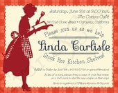 Printable Wedding Bridal Kitchen Shower Invitation - 4.25 x 5.5 - 1950s Kitchen - Red, Pink, Black, White, Peach, Navy - Retro, Housewife