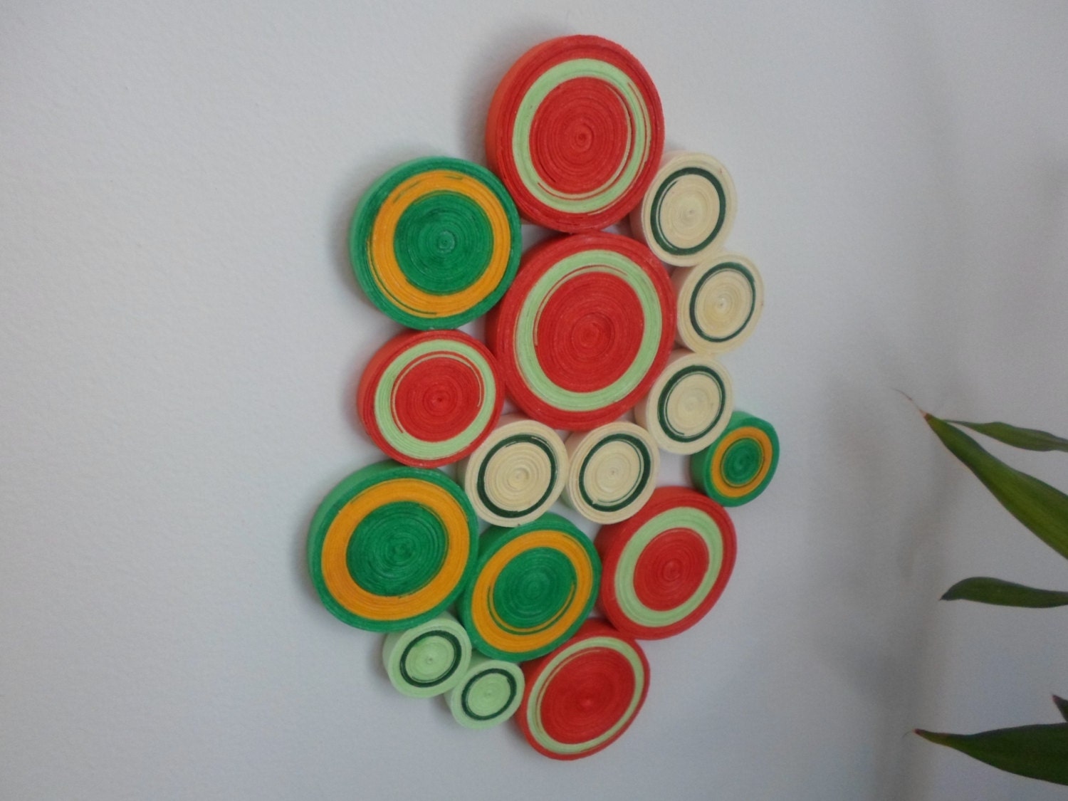 Modern circles wall hanging Orange ,green asymmertical  paper wall decor 3D wall art