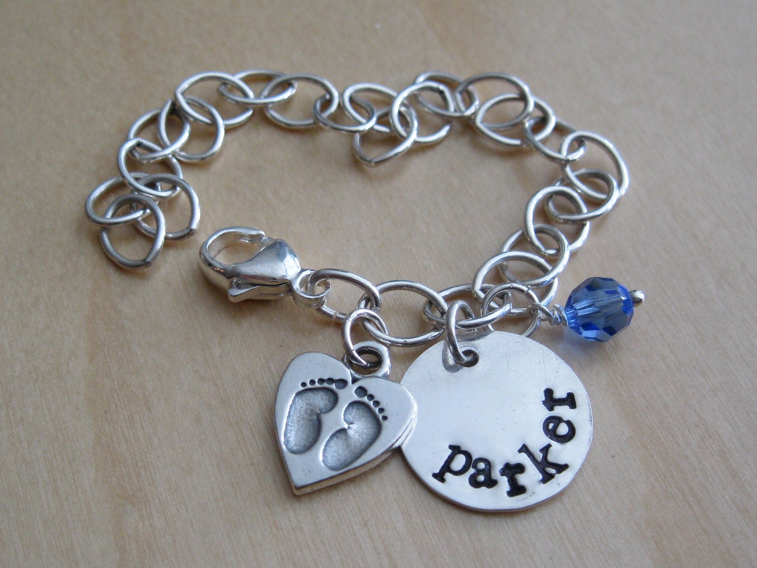 Personalized Name Jewelry - Hand Stamped Mothers Charm Bracelet - Footprints On My Heart