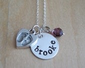 Footprints on My Heart - Personalized Mothers Jewelry - Hand Stamped Sterling Silver Name Necklace - New Mom Gift / New Baby