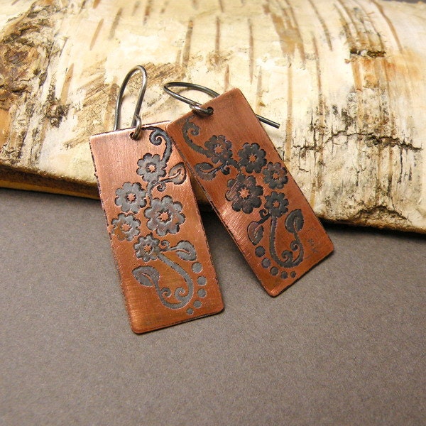 Etched Copper  - rustic earrings, flowers ornament, metalwork