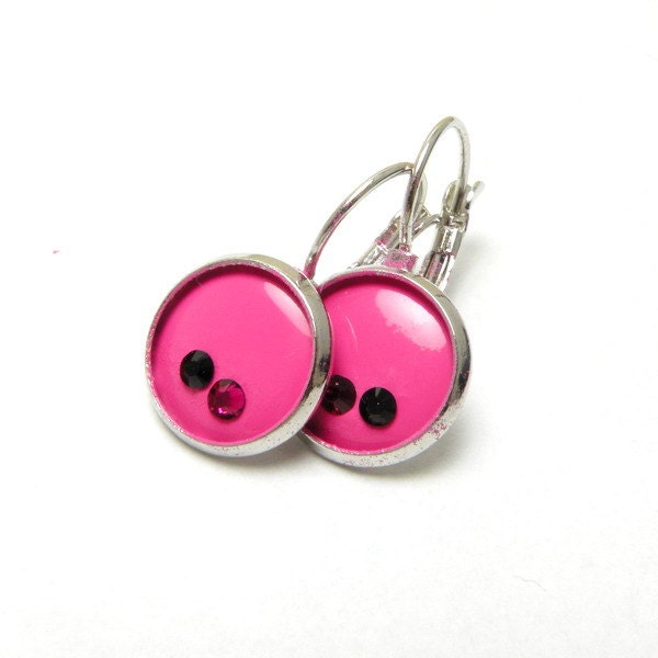 Pink enamel earrings with black and pink zircons, silver plated