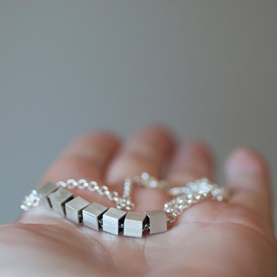 Sterling silver geometric necklace -  7 cubes on belcher chain