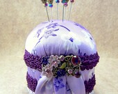 Petite French Violet lavender satin purple braid pincushion with Victorian focal and decorative straight pins vintage look sewing room TAGT