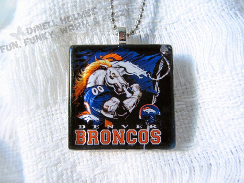 CLEARANCE SALE Denver Broncos Football Glass Tile Pendant Handmade Jewelry