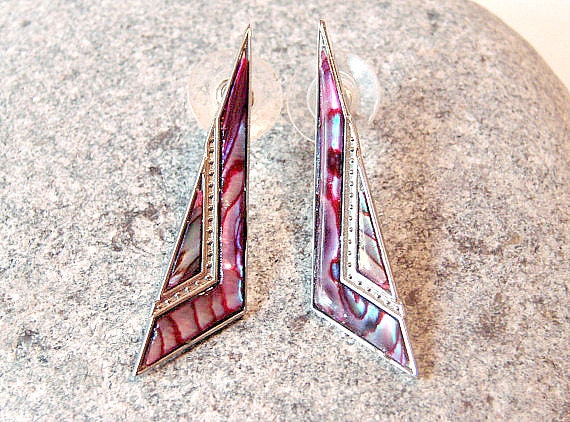 Retro 1980s Duri Purple Abalone and Silver Art Deco Inspired Earrings