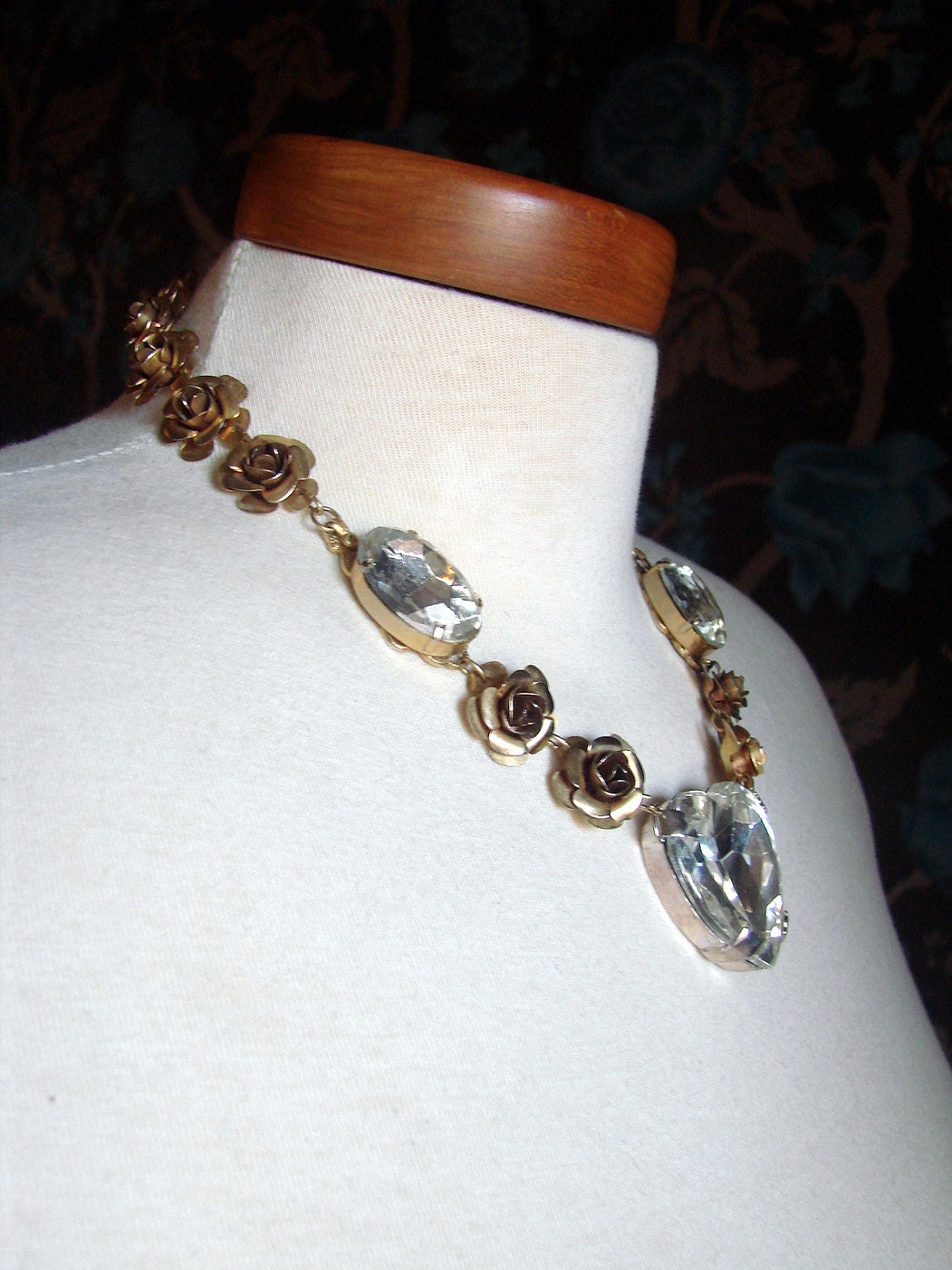 RESERVED Vintage Art Deco Brass and Rhinestone Flower Necklace