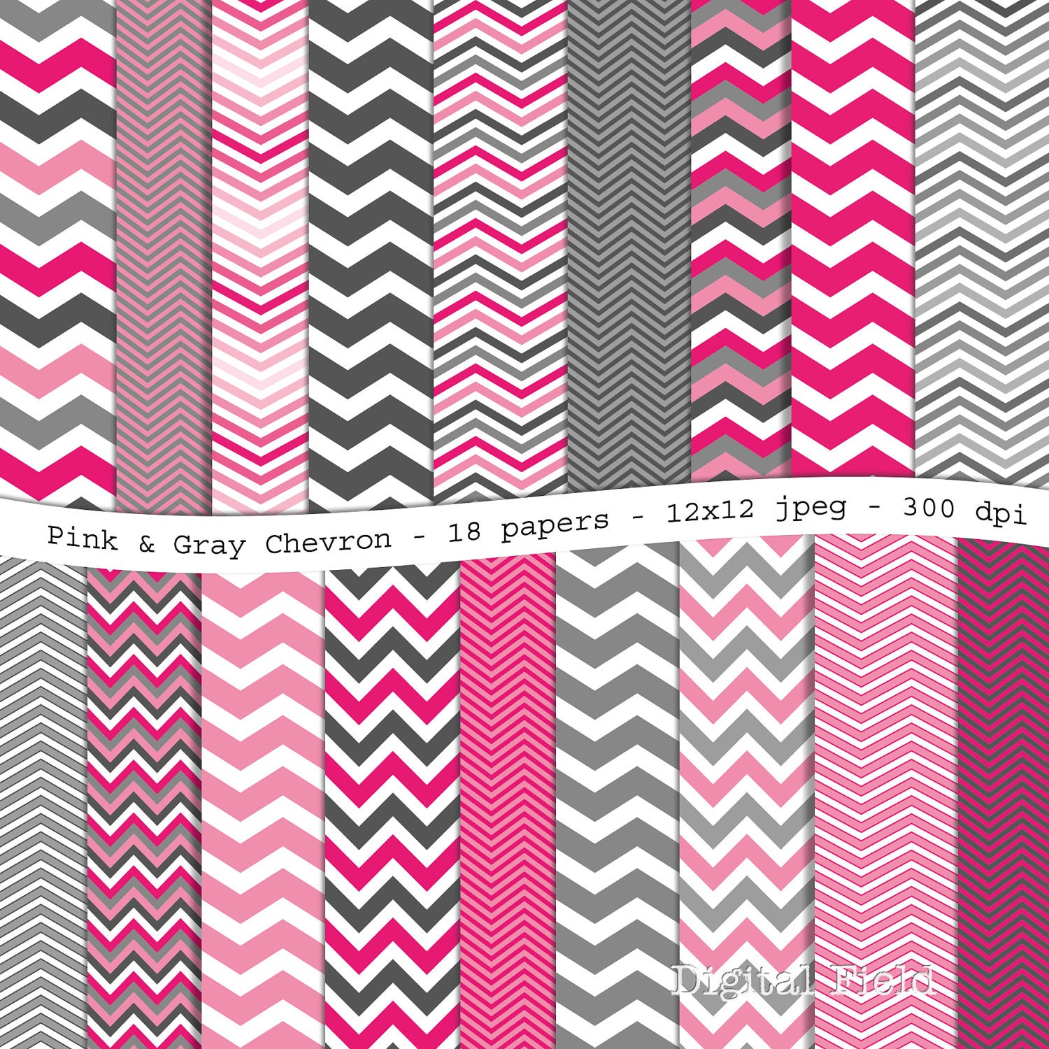 INSTANT DOWNLOAD Pink and Gray Chevron digital scrapbooking paper pack - 18 printable jpeg papers, 12x12, 300 dpi