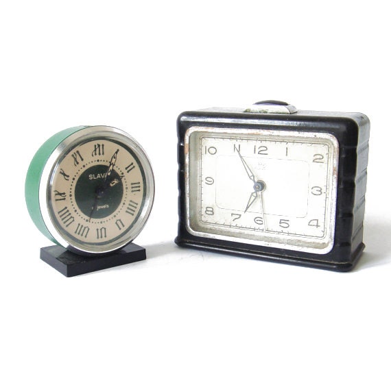 Set of two soviet non working Clocks - russian Slava and Ruhla vintage alarm mechanical clocks - green and black alarm clocks