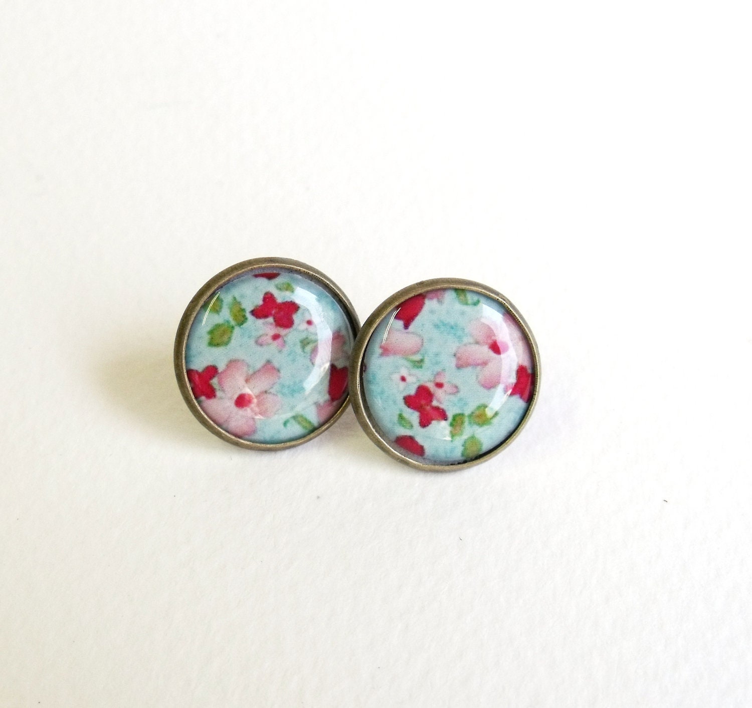 Romantic pink and blue floral antique brass earring studs ear post