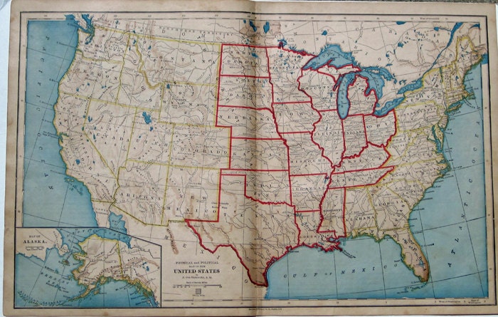 United States Map 1881 Antique from Geography Textbook Frame or Use in Altered Art, Mixed Media, and Collage