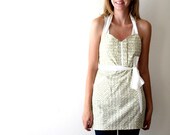 Green Bow Apron -olive and white geometric kite tail pattern retro adjustable cotton hostess apron with ruffles, pockets