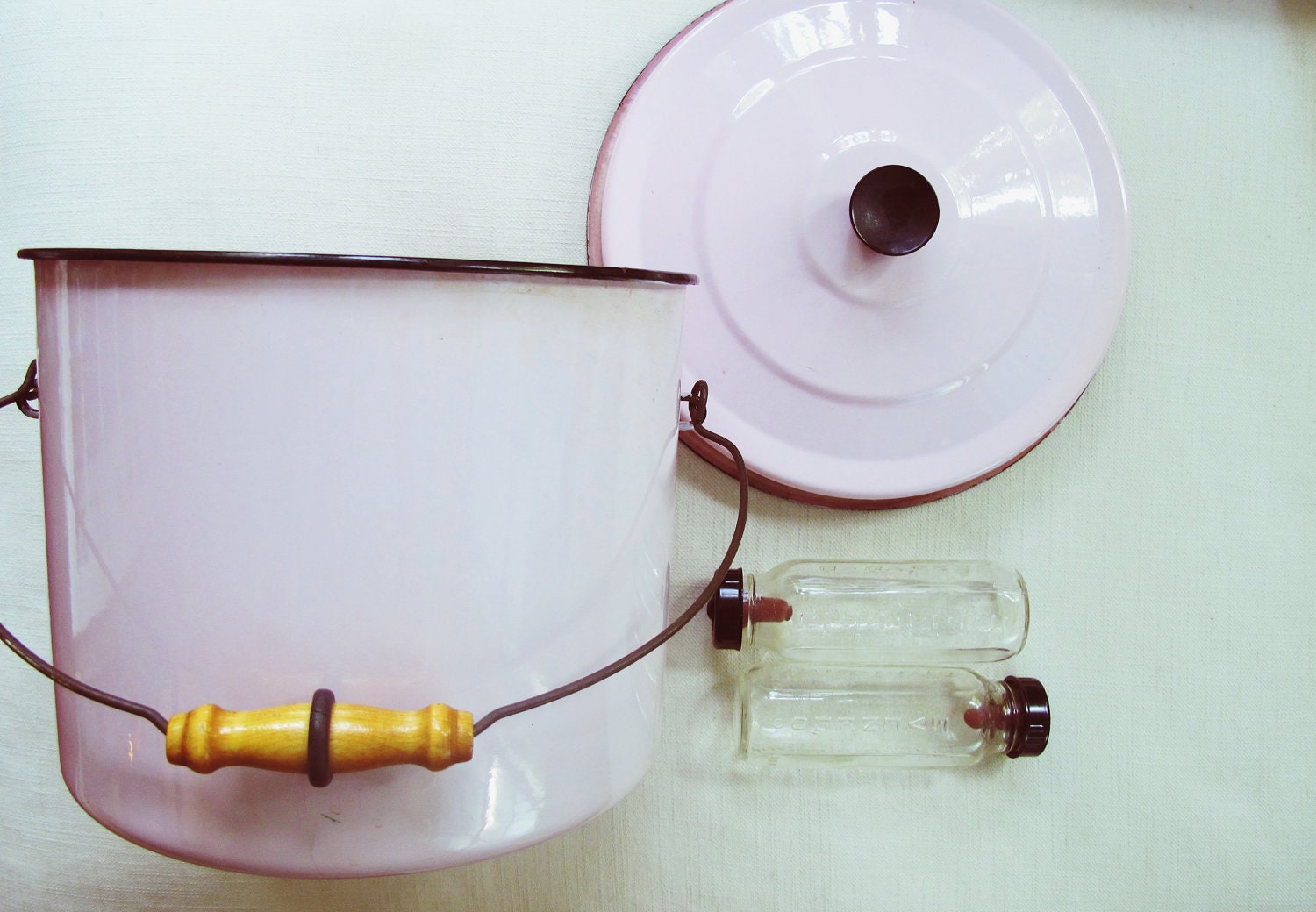pretty in pink - vintage pink sterilizer and glass baby bottles, baby shower, enamel pot, maid of honor, shabby chic