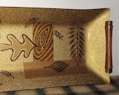 Vintage Retro Gold Serving Tray with Wooden Handles - Leaf Graphics - Colony Glass - Home Decor - Collectibles - Housewares