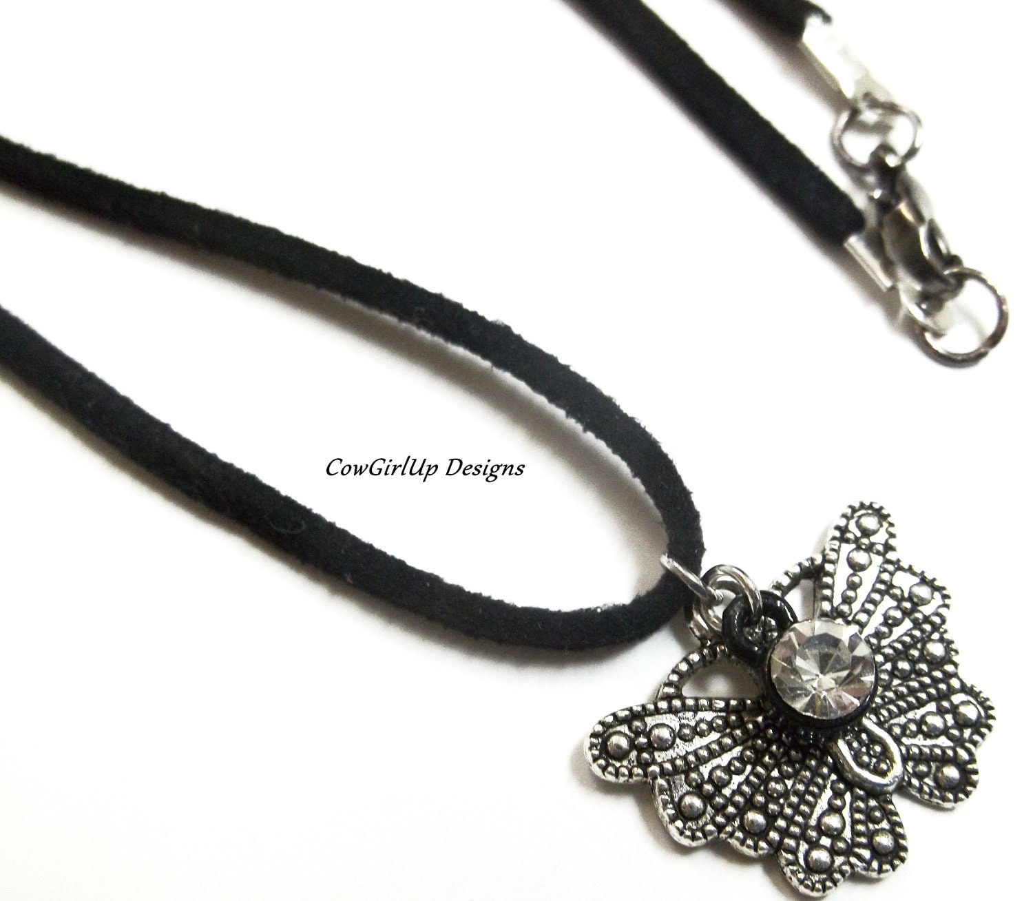 Sterling Silver Inlayed Butterfly Pendant Necklace, Hippie Necklace, Goth Necklace With Swarvoski Crystal And Black Suede Cord Necklace