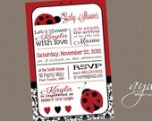 Ladybug Baby Shower Invitation Damask  - Baby Shower Invite Red Black White Invite - Baby Shower Invite Ladybug Damask Hearts