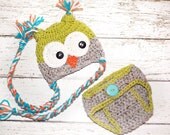 Crochet Owl Hat with diaper cover - Celadon green, gray, orange and teal - Photography Prop - 13 inch size - Made to order