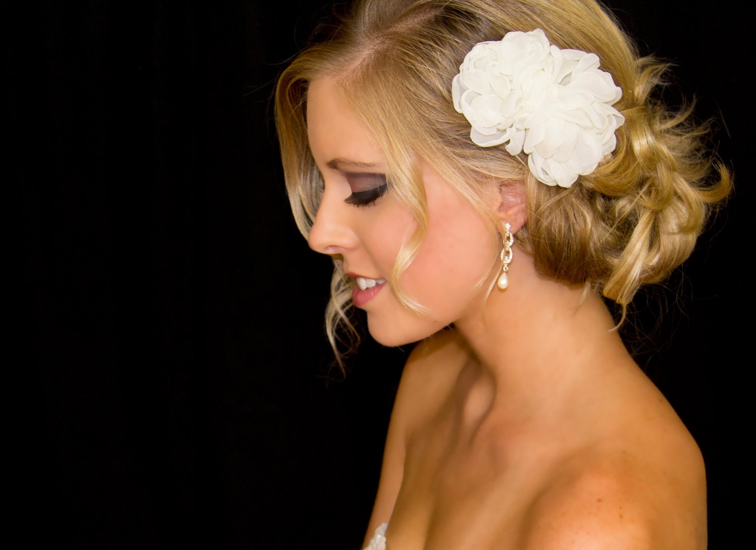 Bridal Hair Flower Duo in Organza, 3.5 & 2.5 Inch Wedding Hair Clip, White or Ivory, Style 2013, Made to Order