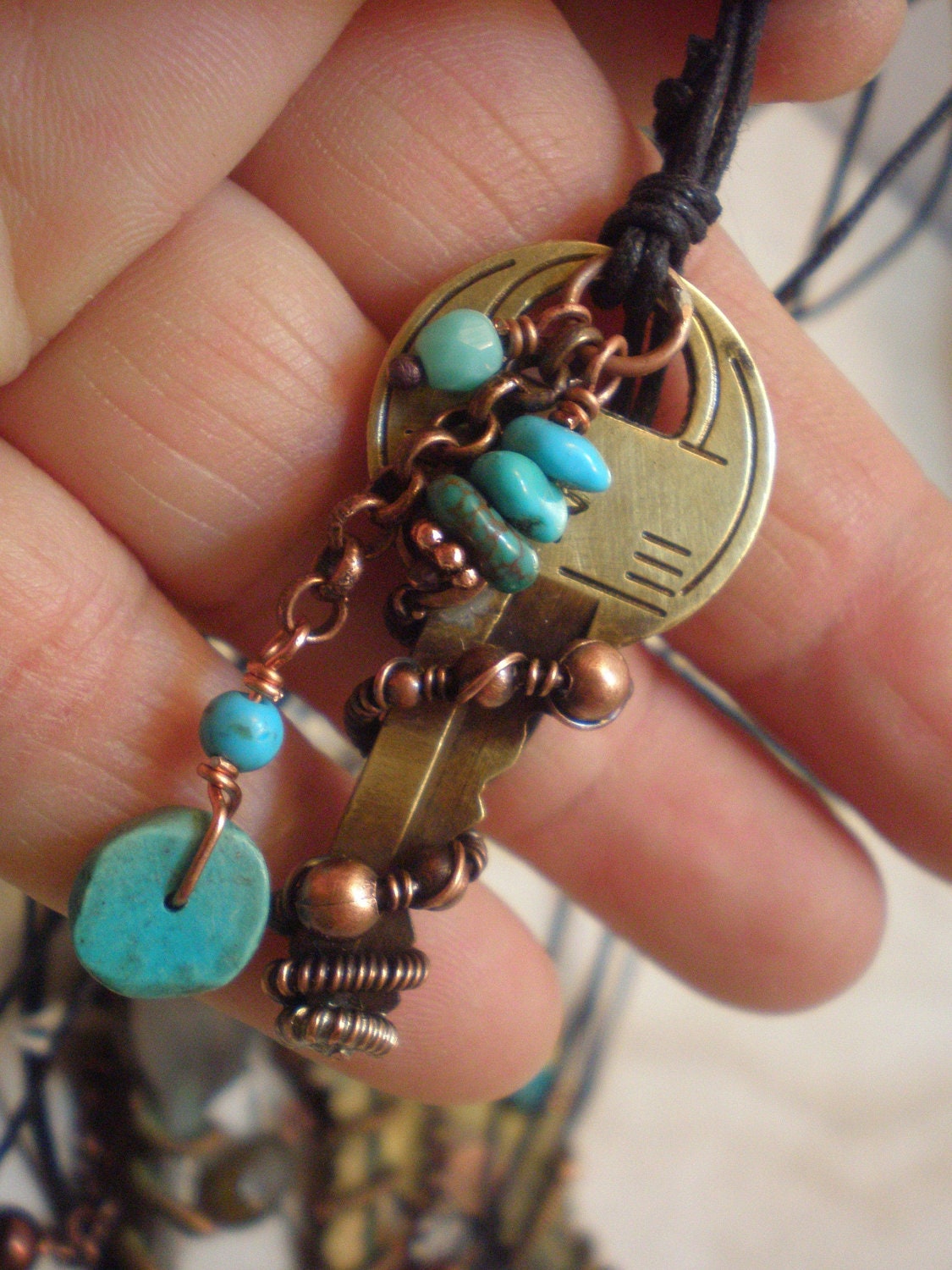 Steampunk Key Pendant, Old Brass Key with Copper Wire and Gemstones, Adjustable Cord