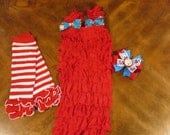 Dr. Seuss Cat in the Hat Inspired Petti Romper Pettiromper with bows, leg warmers and matching over the top hair bow