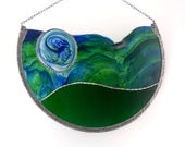 Stained Glass Panel Blue and Green Handmade One of a Kind