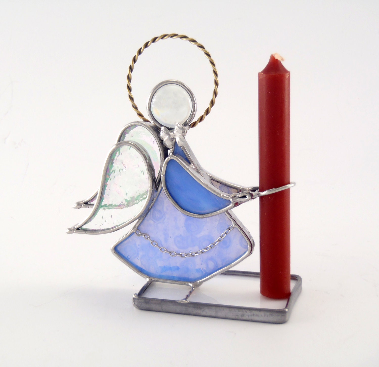 Angel Candle Holder Blue Stained Glass Handmade OOAK