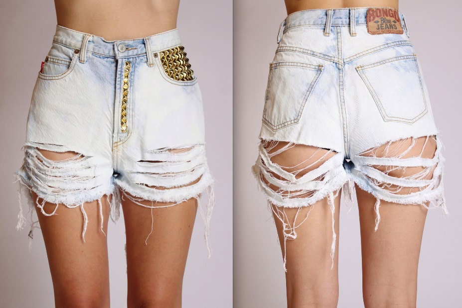 Shredded High Waisted Acid Wash Gold Studded  Shorts