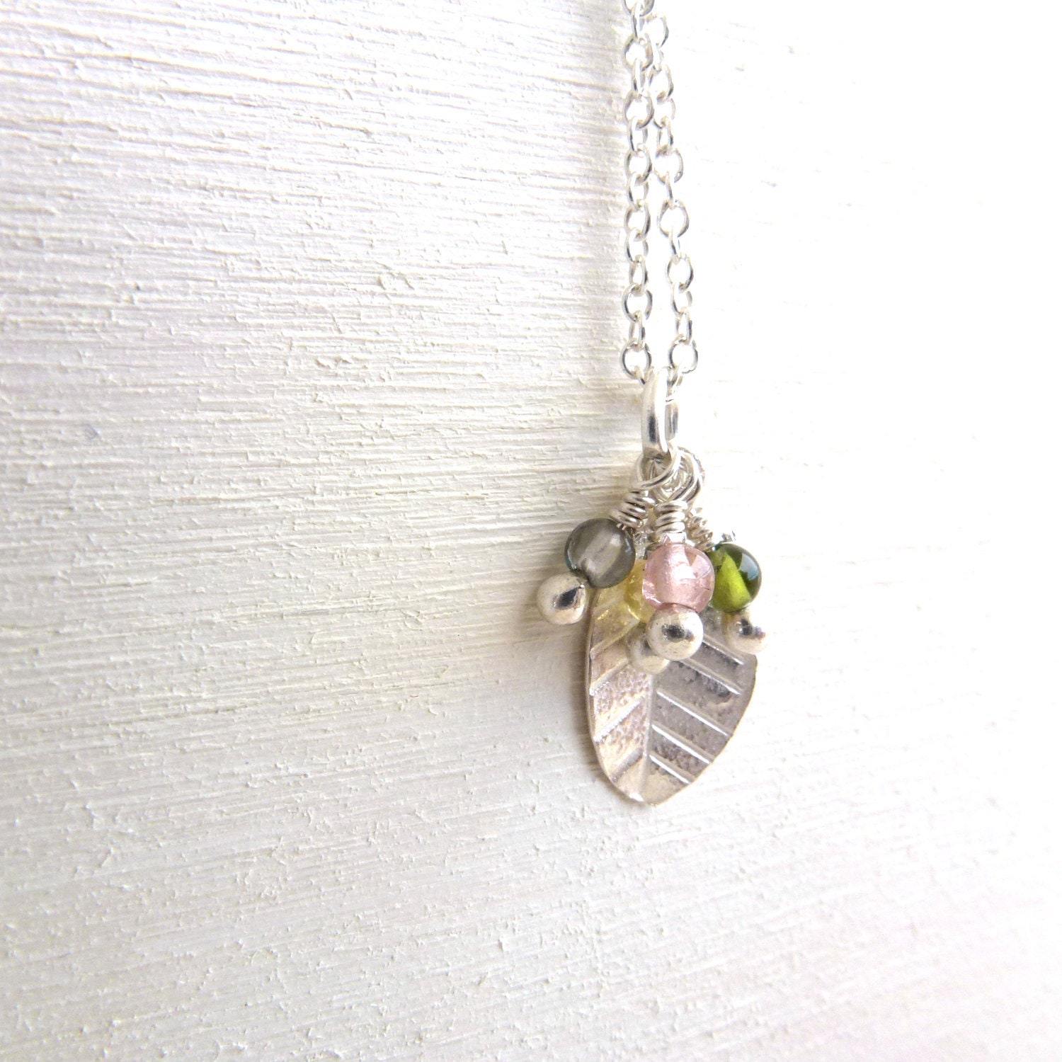 Sterling Silver Leaf Necklace Charm Pendant Jewelry Tourmaline Pastel Gemstone