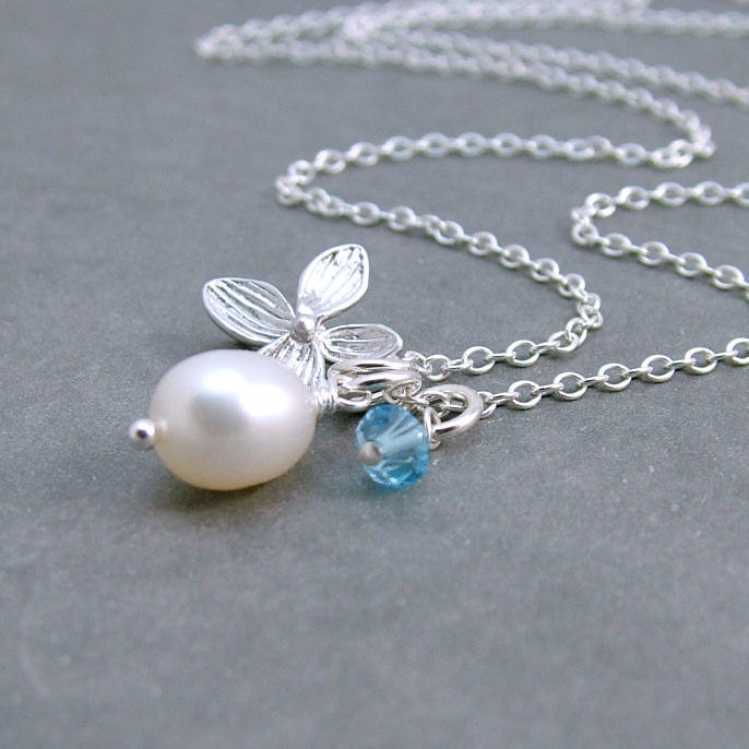 Birthstone Crystal Necklace, Orchid Flower, Aquamarine March Birthday, Freshwater Pearl, Sterling Silver, Custom Birthstone,  Flower Girl