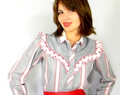 SALE Vintage Blouse. Hearts Shirt. 70s Kenny Rogers Country Shirt. Grey Red White Embroidered Striped Blouse. Riffled Yoke. Spring Easter