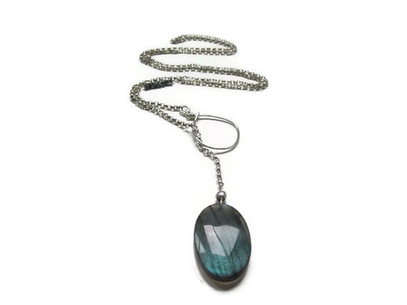 BLUE Labradorite and Blue Diamond Chip Sterling Silver Necklace Lariat Choker - Versatile Boho Wear